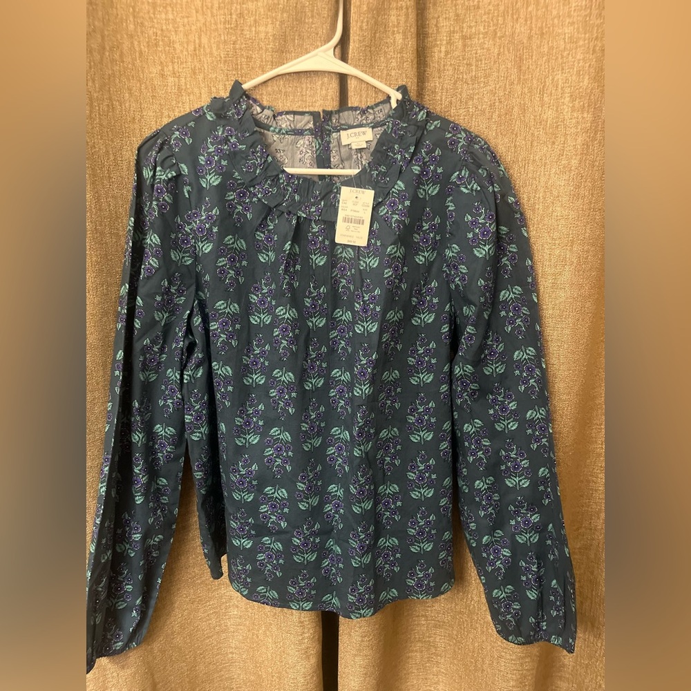 J. Crew Blue and Black Tie Front Blouse with Peter Pan Collar